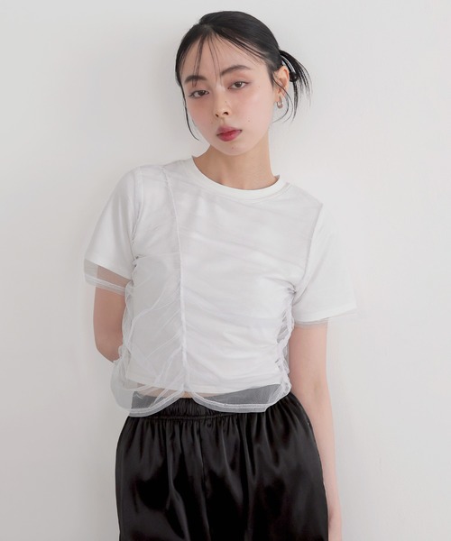 LIAN（リアン）の「シャーリングチュールレイヤードTシャツ（Tシャツ/カットソー・レディース・杢グレー/ホワイト×ブラック/オフホワイト/ブラック・FREE）」の20枚目の写真