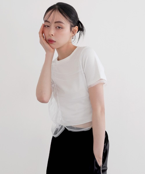 LIAN（リアン）の「シャーリングチュールレイヤードTシャツ（Tシャツ/カットソー・レディース・杢グレー/ホワイト×ブラック/オフホワイト/ブラック・FREE）」の21枚目の写真