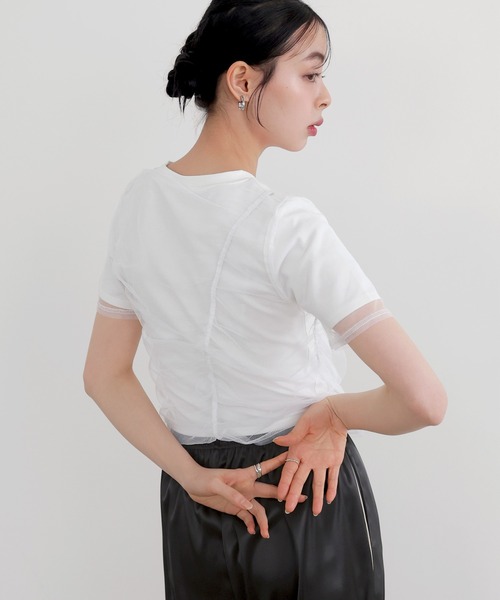 LIAN（リアン）の「シャーリングチュールレイヤードTシャツ（Tシャツ/カットソー・レディース・杢グレー/ホワイト×ブラック/オフホワイト/ブラック・FREE）」の22枚目の写真