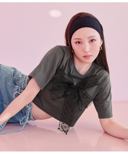 PEACH JOHN（ピーチジョン）の「リアルリボンＴ（Tシャツ/カットソー・レディース・チャコール/アイボリー・ONE SIZE）」の2枚目の写真