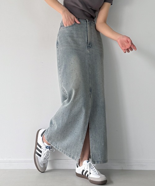 セール】ラインストーンセンタースリットデニムスカート（デニム