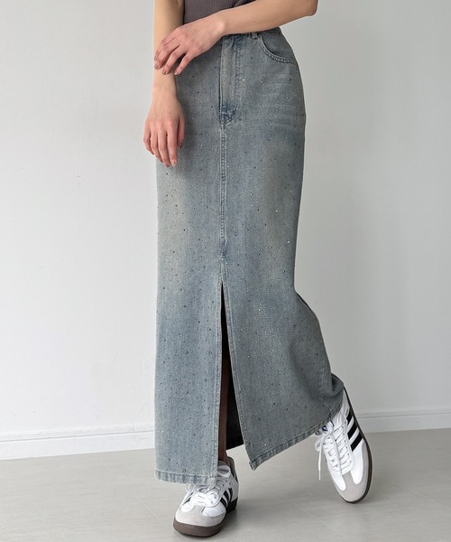 セール】ラインストーンセンタースリットデニムスカート（デニム