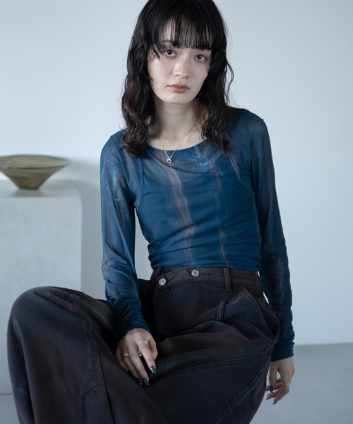 アート柄スクエアネックシアートップス/新色追加（Tシャツ/カットソー