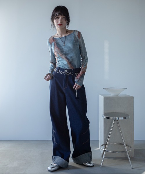 アート柄スクエアネックシアートップス/新色追加（Tシャツ/カットソー