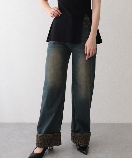 Lace Ladies（レースレディース）の「レオパード柄 ハイウエスト ロールアップ ワイド デニムパンツ（デニムパンツ・レディース・ネイビー・XL/L/M/S）」の5枚目の写真