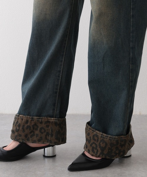 Lace Ladies（レースレディース）の「レオパード柄 ハイウエスト ロールアップ ワイド デニムパンツ（デニムパンツ・レディース・ネイビー・XL/L/M/S）」の15枚目の写真