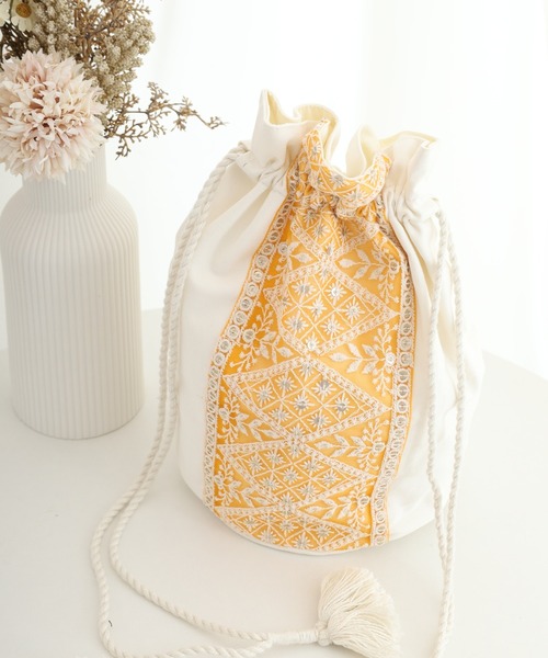 インド刺繍リボン丸底巾着BAG（トートバッグ）｜MOTO（モト）の