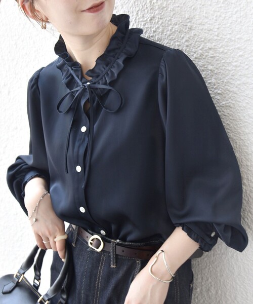 SHIPS any:〈洗濯機可能〉サテン フリル カラー リボン シャツ