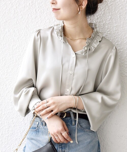 SHIPS any:〈洗濯機可能〉サテン フリル カラー リボン シャツ