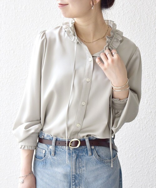 SHIPS any:<洗濯機可能>サテン フリル カラー リボン シャツブラウス SHIPS any:〈洗濯機可能〉サテン フリル カラー リボン シャツ
