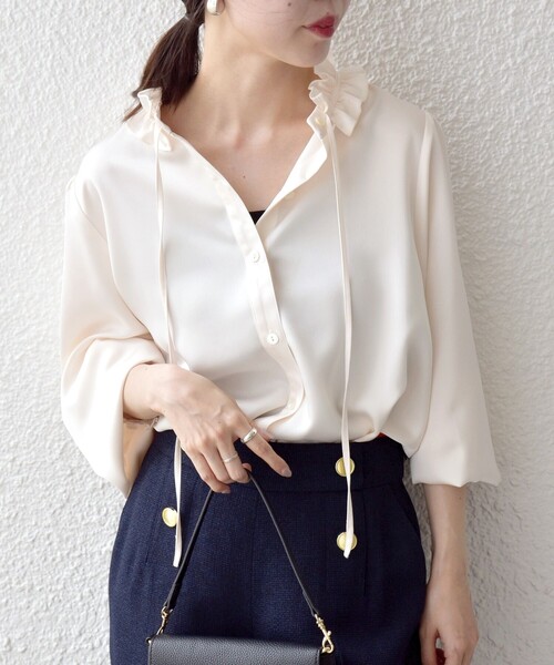 SHIPS any:〈洗濯機可能〉サテン フリル カラー リボン シャツ