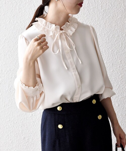SHIPS any:<洗濯機可能>サテン フリル カラー リボン シャツブラウス SHIPS any:〈洗濯機可能〉サテン フリル カラー リボン シャツ