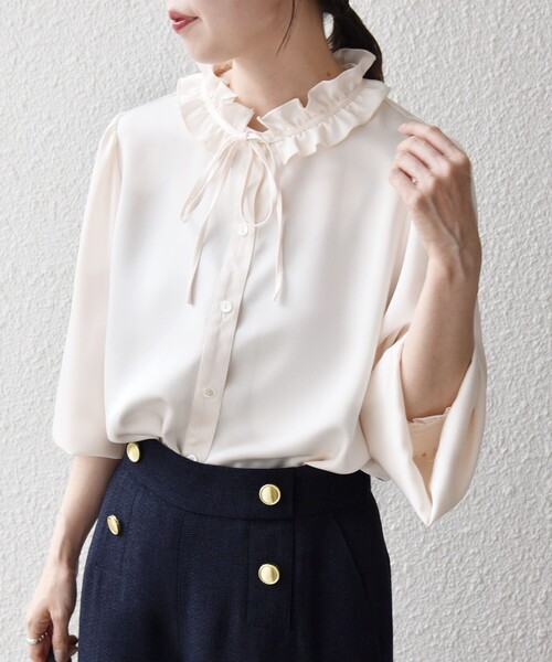 SHIPS any:〈洗濯機可能〉サテン フリル カラー リボン シャツ