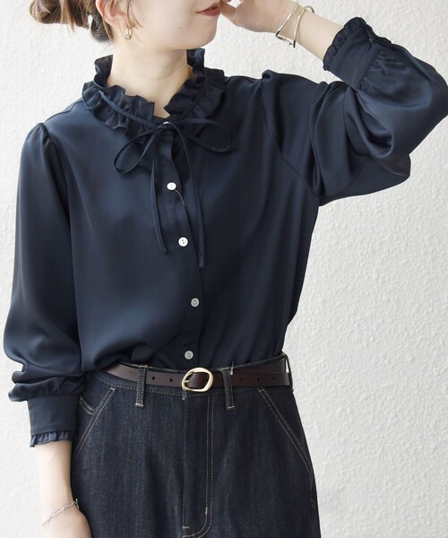 SHIPS any:〈洗濯機可能〉サテン フリル カラー リボン シャツ