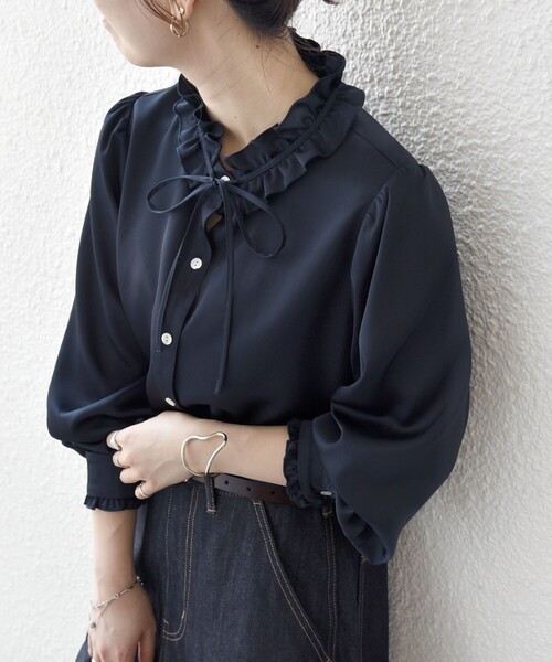 SHIPS any:〈洗濯機可能〉サテン フリル カラー リボン シャツ