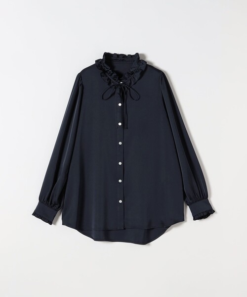 極美品 グレースコンチネンタル サテンフリルカラーシャツ ネイビー 36 SHIPS any:〈洗濯機可能〉サテン フリル カラー リボン シャツ