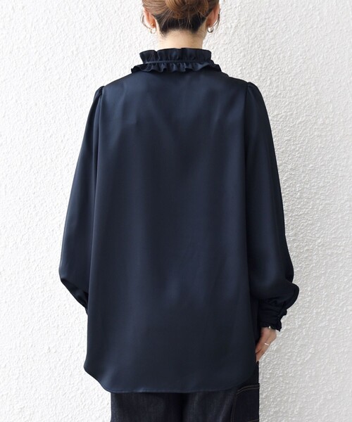 SHIPS any:〈洗濯機可能〉サテン フリル カラー リボン シャツ