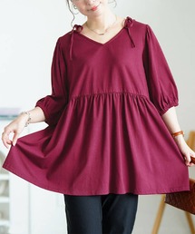 肩リボンペプラムVネックチュニック【大きいサイズ対応】