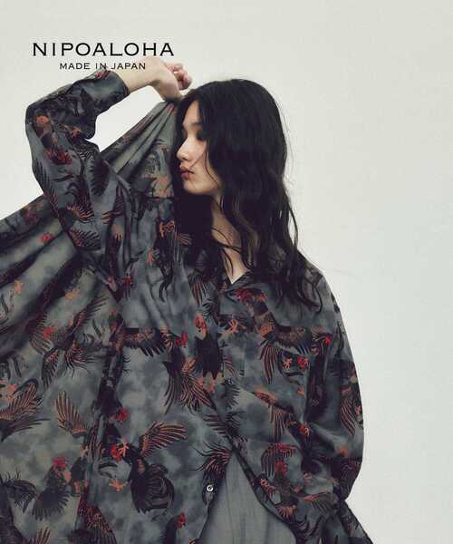 NIPOALOHA 軍鶏アロハシャツ NIPOALOHA RAYON S/S ALOHA SHT伊藤若冲『軍鶏』紺 - MAGIC