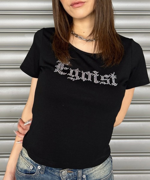 EGOIST（エゴイスト）の「ラインストーンロゴTシャツ（Tシャツ/カットソー・レディース・ホワイト/ブラック・FREE）」の2枚目の写真