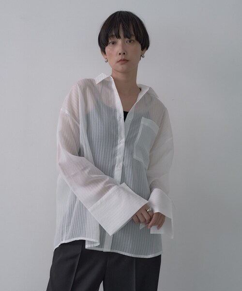 GALLEST(ギャレスト)の「ワイドカフスシアーストライプシャツ/秋服/シアーシャツ(シャツ/ブラウス・レディース・ブラック/ホワイト/ライトブルー/ダークブラウン・38)」の9枚目の写真