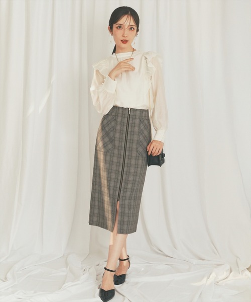 【超美品】SWINGLE フロントジップポケットデザインチェックスカート S 日本製】フロントジップポケットデザインチェックスカート（スカート