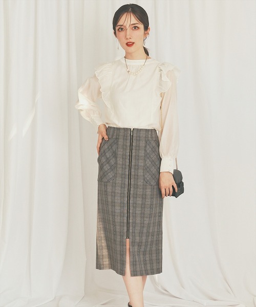 【超美品】SWINGLE フロントジップポケットデザインチェックスカート S SWINGLE スカート 「日本製」フロントジップポケットデザイン