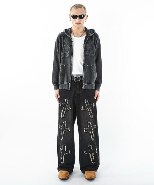 SHORT ROUND（ショートラウンド）の「SHORT ROUND/パウダーブリーチスタッズZIPパーカー（パーカー・メンズ・グレー/スミクロ・LARGE/MEDIUM）」の3枚目の写真