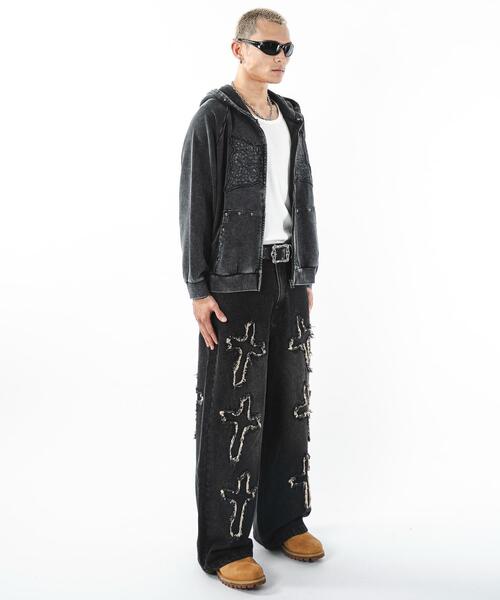 SHORT ROUND（ショートラウンド）の「SHORT ROUND/パウダーブリーチスタッズZIPパーカー（パーカー・メンズ・グレー/スミクロ・LARGE/MEDIUM）」の6枚目の写真