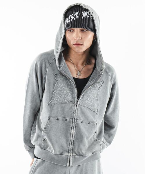 SHORT ROUND（ショートラウンド）の「SHORT ROUND/パウダーブリーチスタッズZIPパーカー（パーカー・メンズ・グレー/スミクロ・LARGE/MEDIUM）」の15枚目の写真