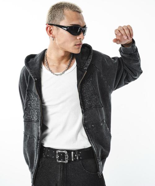 SHORT ROUND（ショートラウンド）の「SHORT ROUND/パウダーブリーチスタッズZIPパーカー（パーカー・メンズ・グレー/スミクロ・LARGE/MEDIUM）」の10枚目の写真