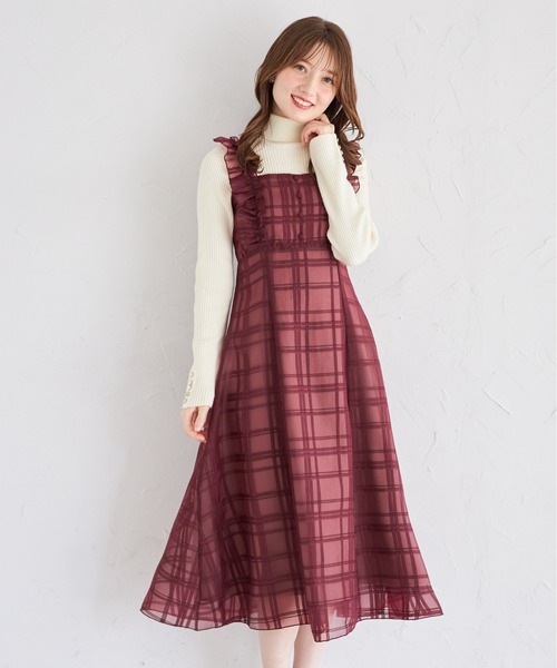 フリル付きバックレースアップシアーチェックワンピース　ボルドー フリル付きバックレースアップシアーチェックワンピース（ワンピース