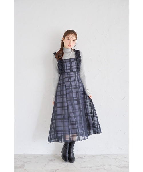 フリル付きバックレースアップシアーチェックワンピース（ワンピース
