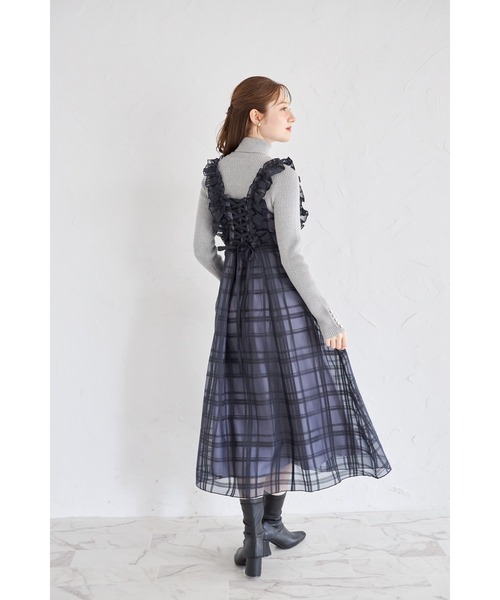 フリル付きバックレースアップシアーチェックワンピース（ワンピース