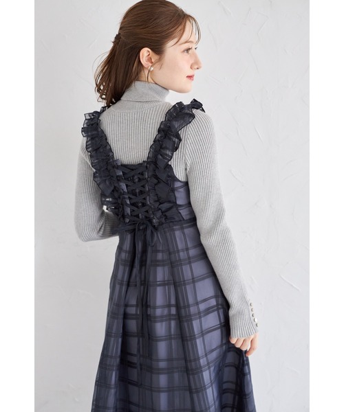 フリル付きバックレースアップシアーチェックワンピース（ワンピース