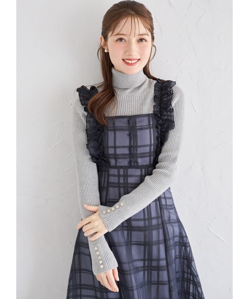 フリル付きバックレースアップシアーチェックワンピース（ワンピース