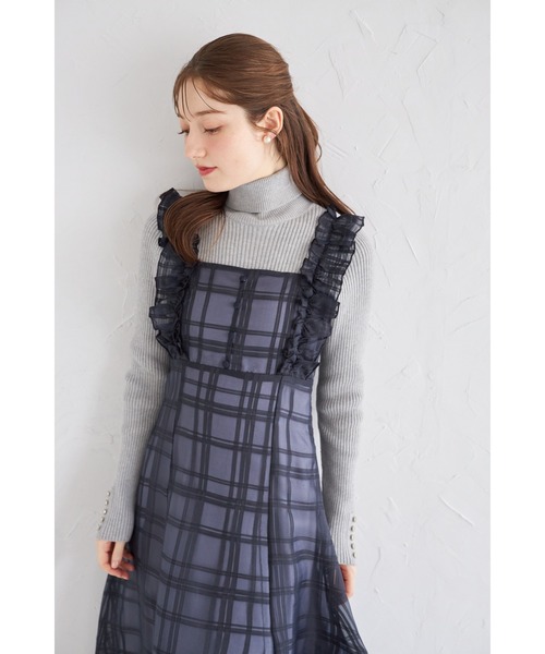 フリル付きバックレースアップシアーチェックワンピース（ワンピース