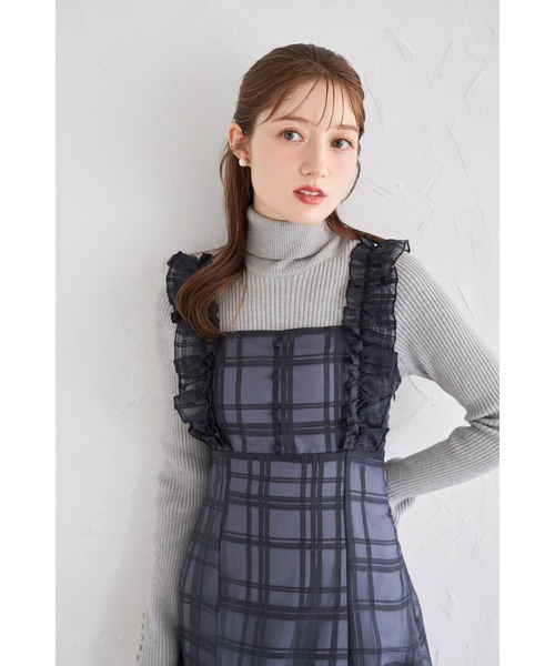 フリル付きバックレースアップシアーチェックワンピース（ワンピース