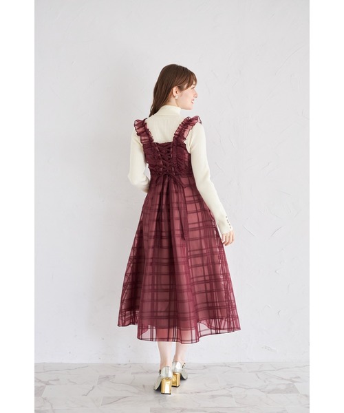 フリル付きバックレースアップシアーチェックワンピース（ワンピース