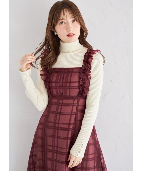 フリル付きバックレースアップシアーチェックワンピース（ワンピース