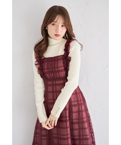 フリル付きバックレースアップシアーチェックワンピース（ワンピース