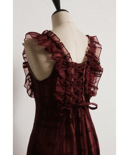 フリル付きバックレースアップシアーチェックワンピース（ワンピース