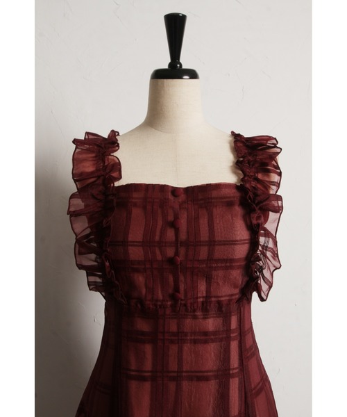 フリル付きバックレースアップシアーチェックワンピース（ワンピース