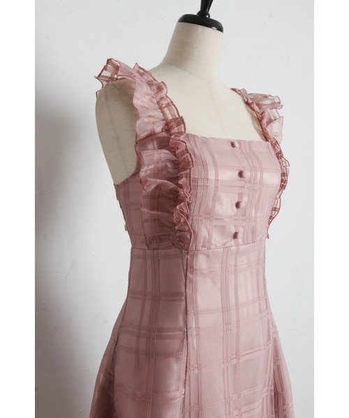 フリル付きバックレースアップシアーチェックワンピース　ボルドー フリル付きバックレースアップシアーチェックワンピース（ワンピース