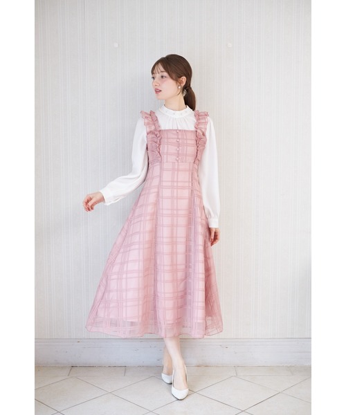 フリル付きバックレースアップシアーチェックワンピース（ワンピース