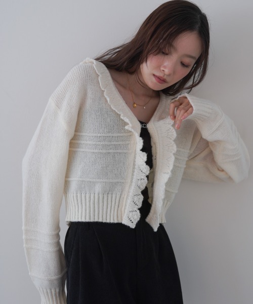 Bab(バブ)の「起毛フリルカラーホックカーディガン(カーディガン/ボレロ・レディース・アイボリー/ブラック/ブラウン/杢グレー・FREE)」の7枚目の写真