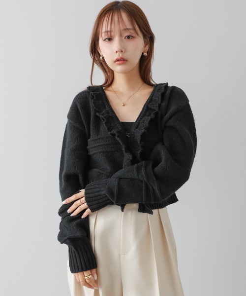 セール】起毛フリルカラーホックカーディガン（カーディガン/ボレロ