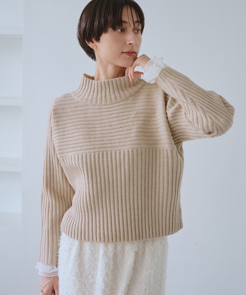 もちもちリブ切り替えニットプルオーバー/イージーケア・リンクコーデ