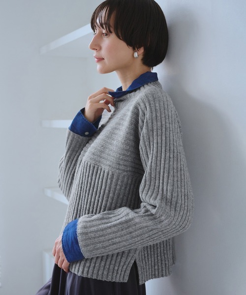 ROPE' PICNIC(ロペピクニック)の「もちもちリブ切り替えニットプルオーバー/イージーケア・リンクコーデ(ニット/セーター・レディース・グレー/レッド/オフホワイト/ベージュ/サックスブルー・M/L)」の3枚目の写真