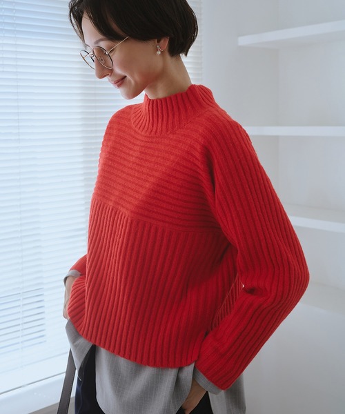 セール】もちもちリブ切り替えニットプルオーバー/イージーケア